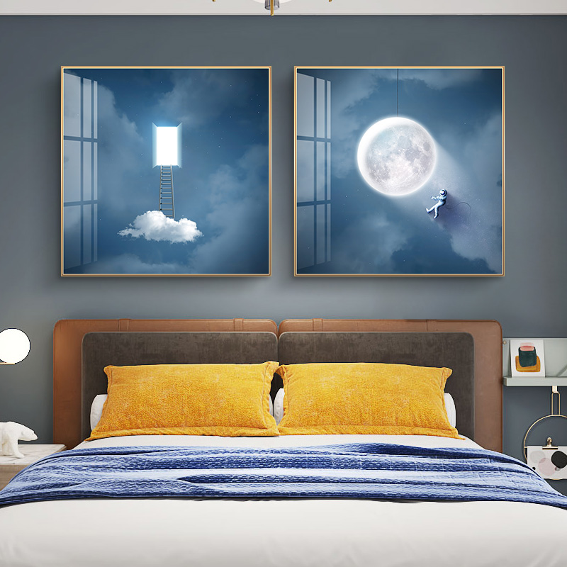 登月 儿童房间装饰画卡通创意男孩卧室画床头挂画梦幻太空月球