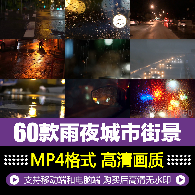 夜晚雨中城市街道下雨车流街景夜景伤感抒情自媒体短视频制作素材