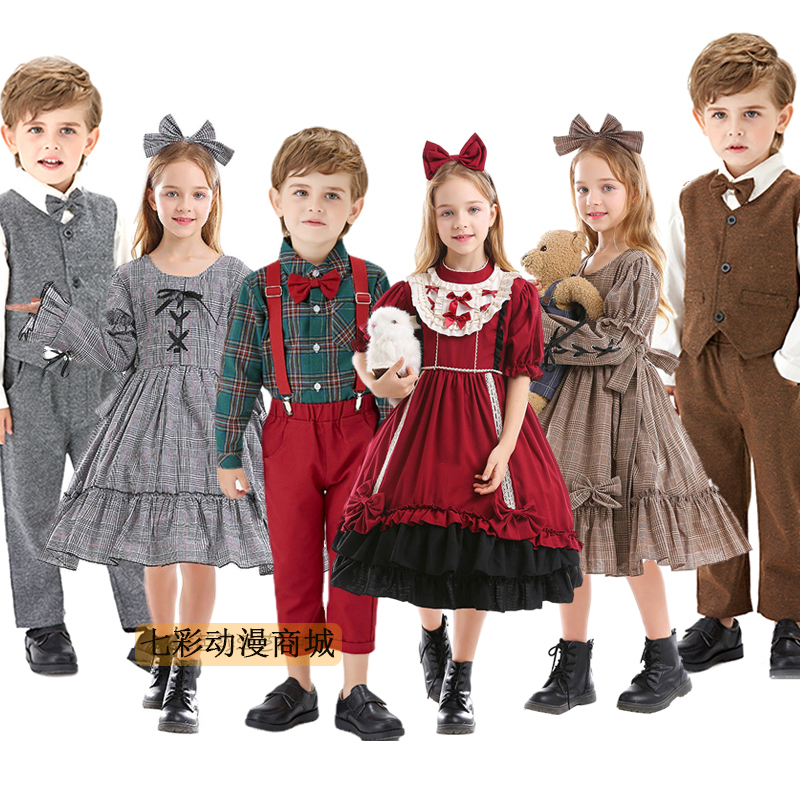 幼儿园表演走秀服装儿童英伦风格子套装男童女童演出服洛丽塔公主