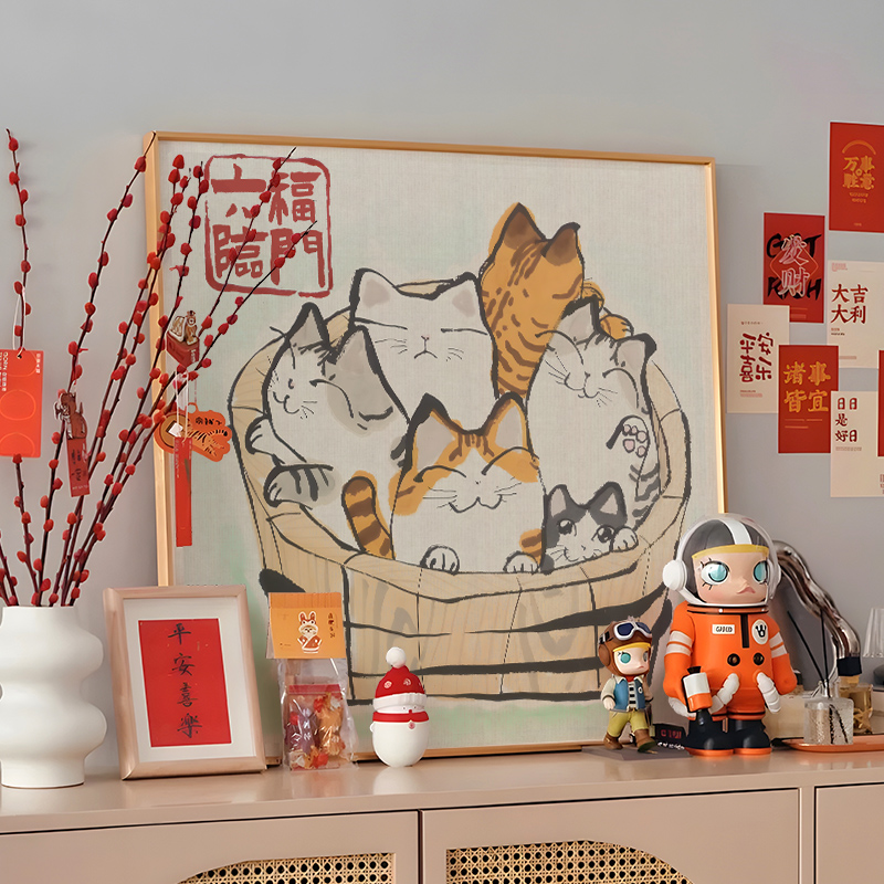 ZOYART六福临门葫芦猫咪装饰画水彩风彩创意喜庆国潮玄关客厅挂画