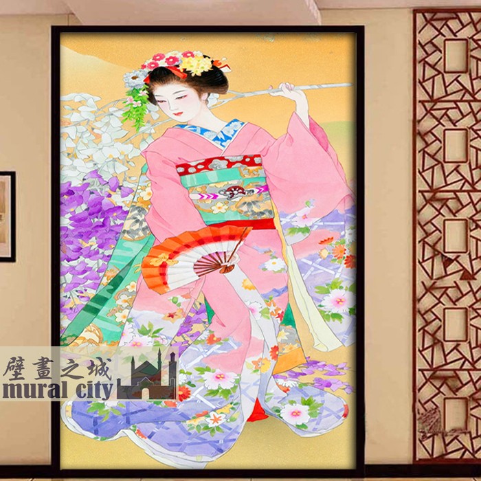 日本和服美人墙纸日系彩绘仕女艺伎壁纸日式古典女人壁画背景墙