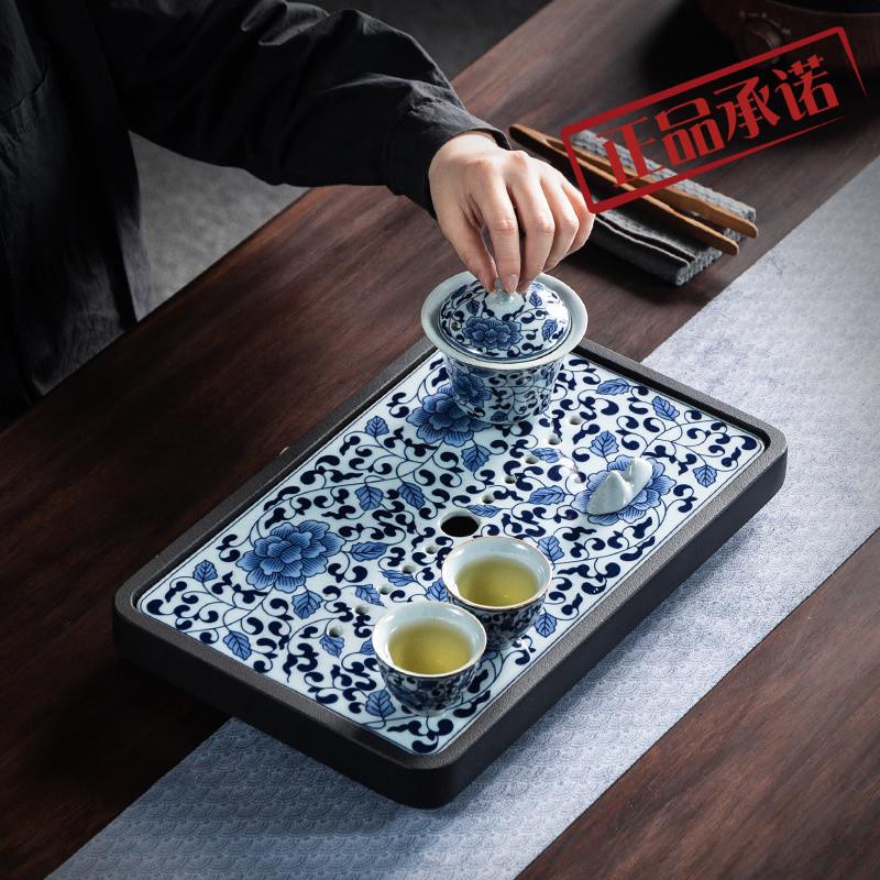 福㊣日式干泡茶台小型乌金石茶盘家用储水排水石头茶具青花托盘
