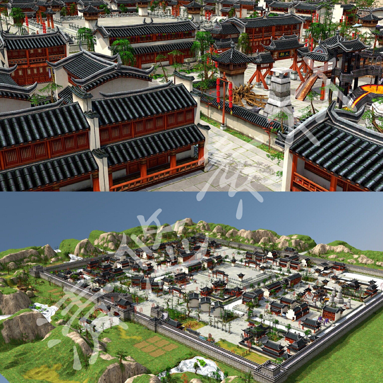 3dmax fbx格式c4d古城苏州建筑游戏场景城池 古代街道模型 324