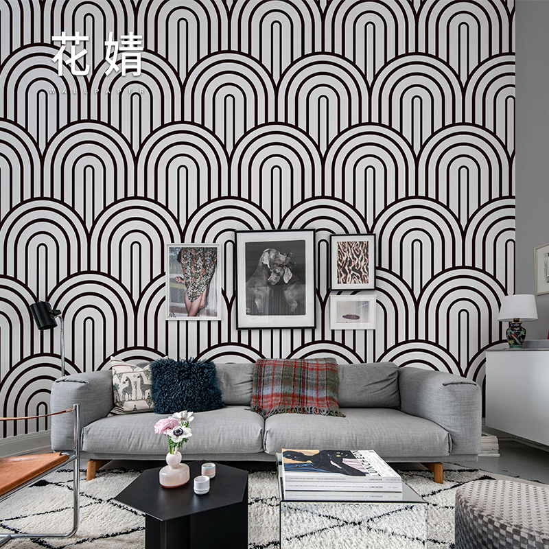 现代简约拱形黑白壁纸客厅卧室墙布北欧电视背景墙纸定制壁画餐厅