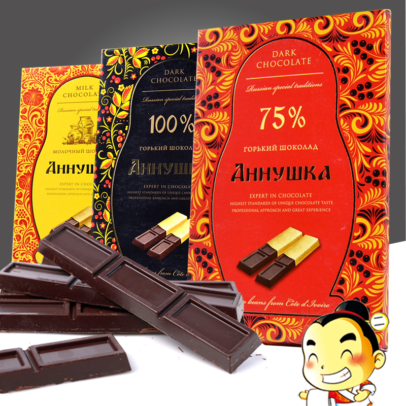 俄罗斯进口75%黑巧克力100%彩虹牛奶安诺希克牌金纸装独立小包装
