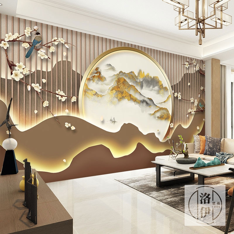 新中式壁纸3d立体山水墙布前台背靠金山装饰画足疗店茶室背景墙纸