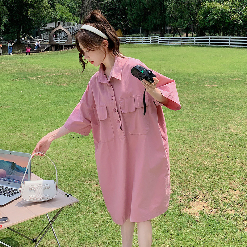 夏易菲女装官网旗舰店新款粉色小个子工装风衬衫裙女夏季新款韩版