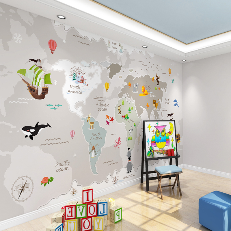 墙纸定制3d立体卡通地图儿童房壁布背景墙壁纸男女孩卧室墙布壁画