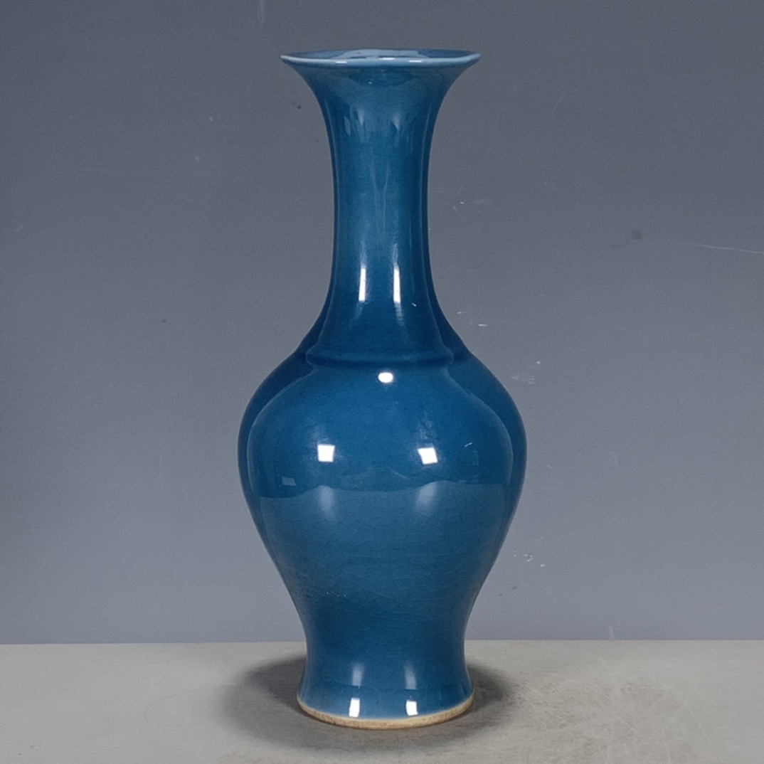 古玩瓷器收藏清代雍正年制孔雀蓝釉单色釉回流花瓶摆件