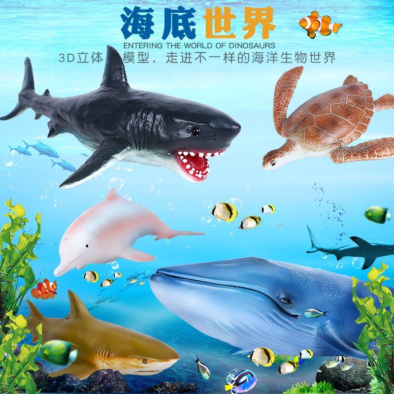 仿真软胶海洋动物世界模型蓝鲸鱼锤头鲨鱼海龟儿童玩具白鲸海豹豚
