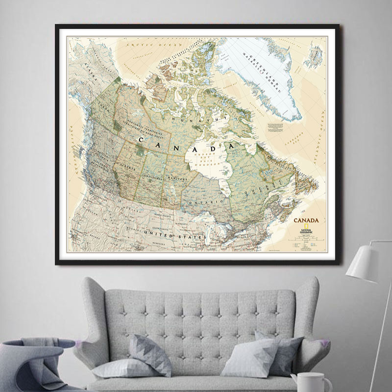 加拿大地图CANADA英文版仿古蓝色布画芯办公室教室装饰画背景墙
