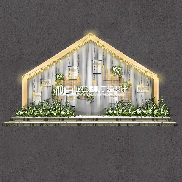 ZJ151森系户外木质房绿植爱迪生灯透明纱背景婚礼手绘素材PSD文件