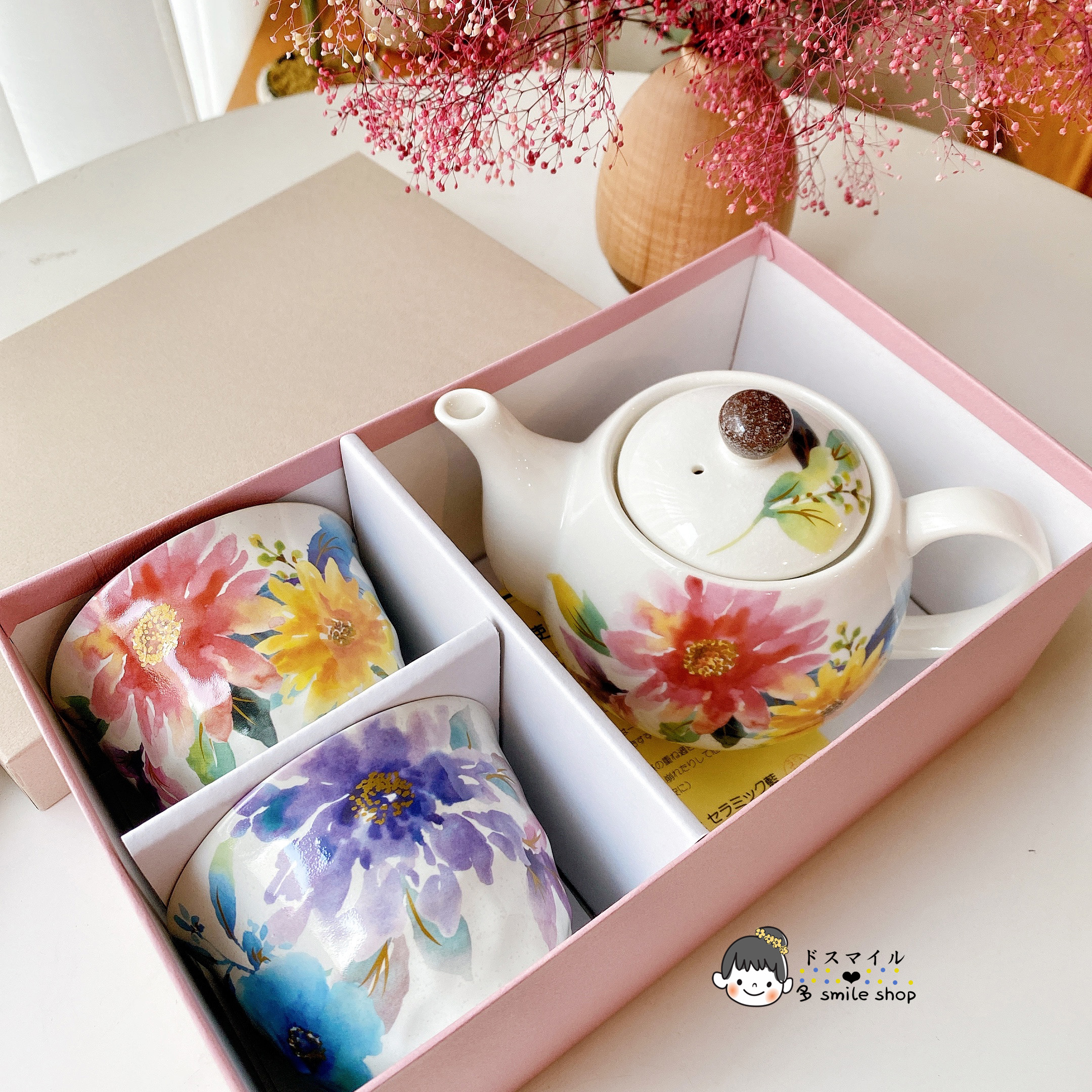 包邮现货日本进口美浓烧和蓝陶瓷繁花茶壶茶杯茶具套装新婚礼物