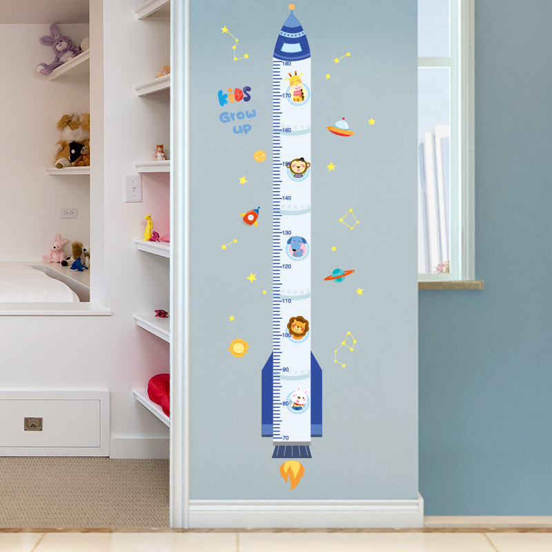 儿童身高测量仪贴纸墙贴宝宝量身高尺升高可移除卡通墙面贴画火箭
