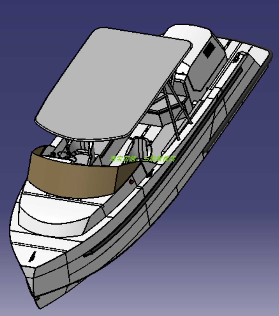 7.5米船快艇3D三维几何数模型曲面带棚屋子垂钓鱼渔船舱驾驶室stp