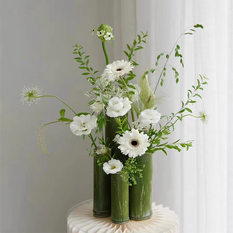 新鲜竹筒花瓶婚礼插花中式摆件环创装饰绿色竹子竹节国风花艺道具