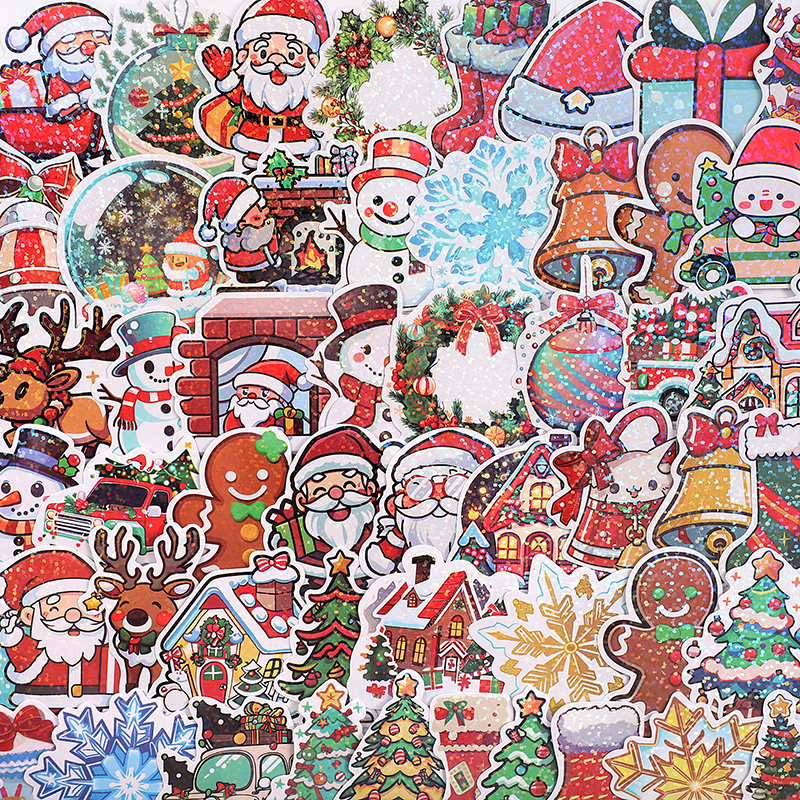 镭射圣诞节卡通贴纸手机水杯圣诞老人礼物麋鹿树雪花手帐装饰贴画