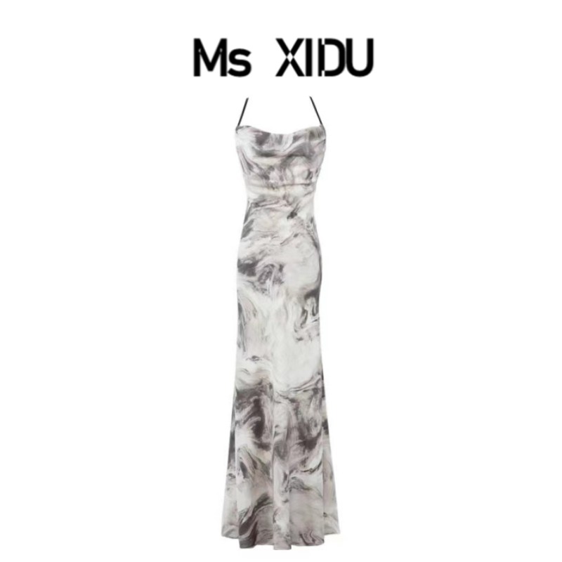 Ms XIDU 碎花吊带露背连衣裙子女高级感茶歇桔梗新中式水墨画长裙