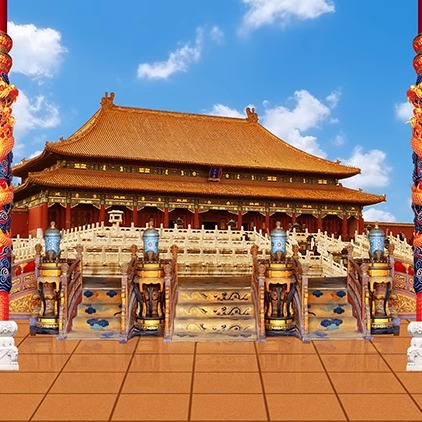 中式建筑宫殿龙柱柱子金碧辉煌高清LED大屏幕舞台背景虚拟静态图
