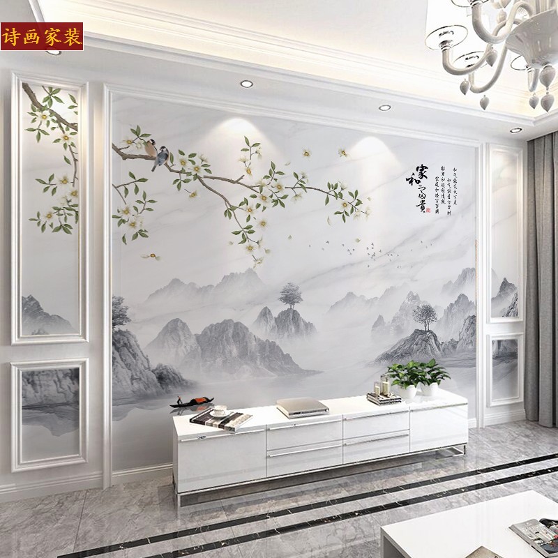 新中式玉兰花鸟家和壁画客厅沙发墙纸2021年新款电视机背景墙壁布