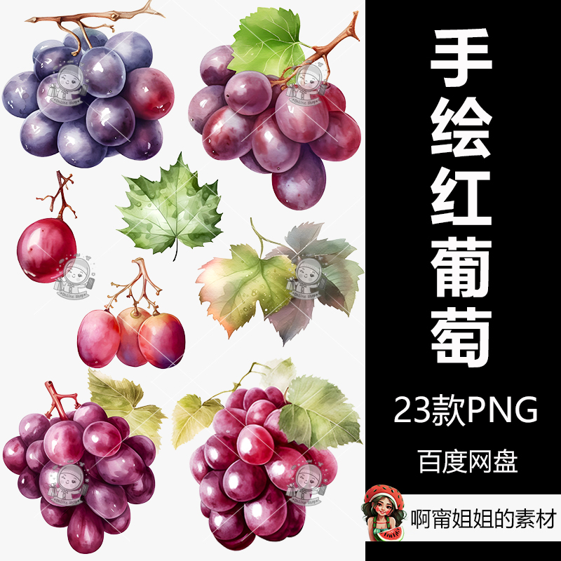 水彩红色紫色葡萄剪贴画手绘水果装饰插画PNG免抠设计素材高清新