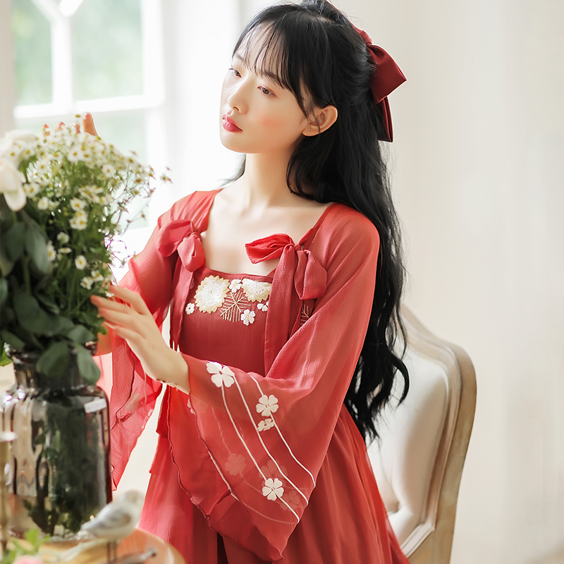 古装女日常可穿中国风复古蝴蝶刺绣古风红色晋制汉服夏季连衣裙子