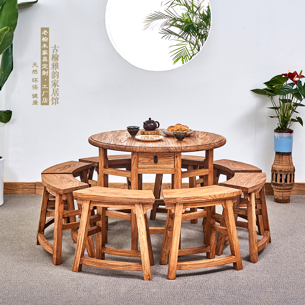 家用小户型餐桌简约现代实木折叠圆桌省空间新中式6人8人桌椅组合