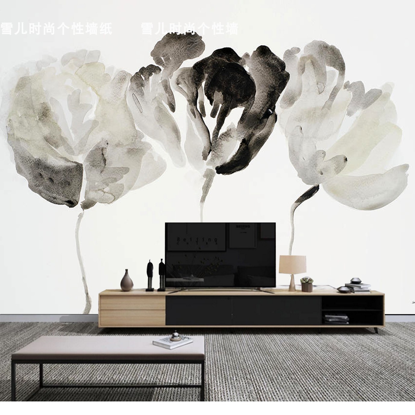 黑白花卉抽象油画墙纸壁布电视背景墙壁纸壁画卧室床头无缝墙布