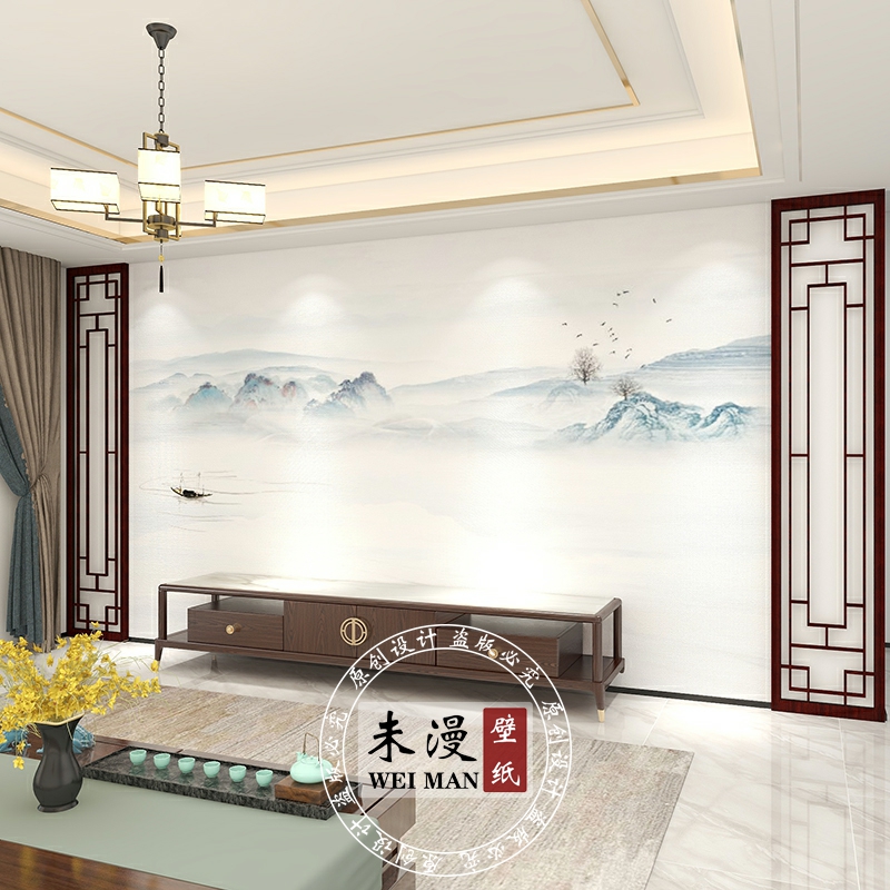 新中式简约大气山水电视背景墙壁纸禅意客厅影视墙纸卧室书房壁画
