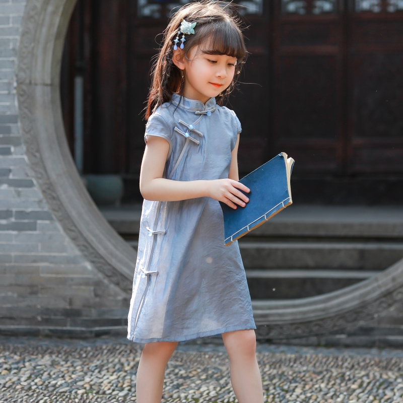 儿童旗袍新款夏季女童民国风古风汉服中式短袖唐装洋气纯色连衣裙