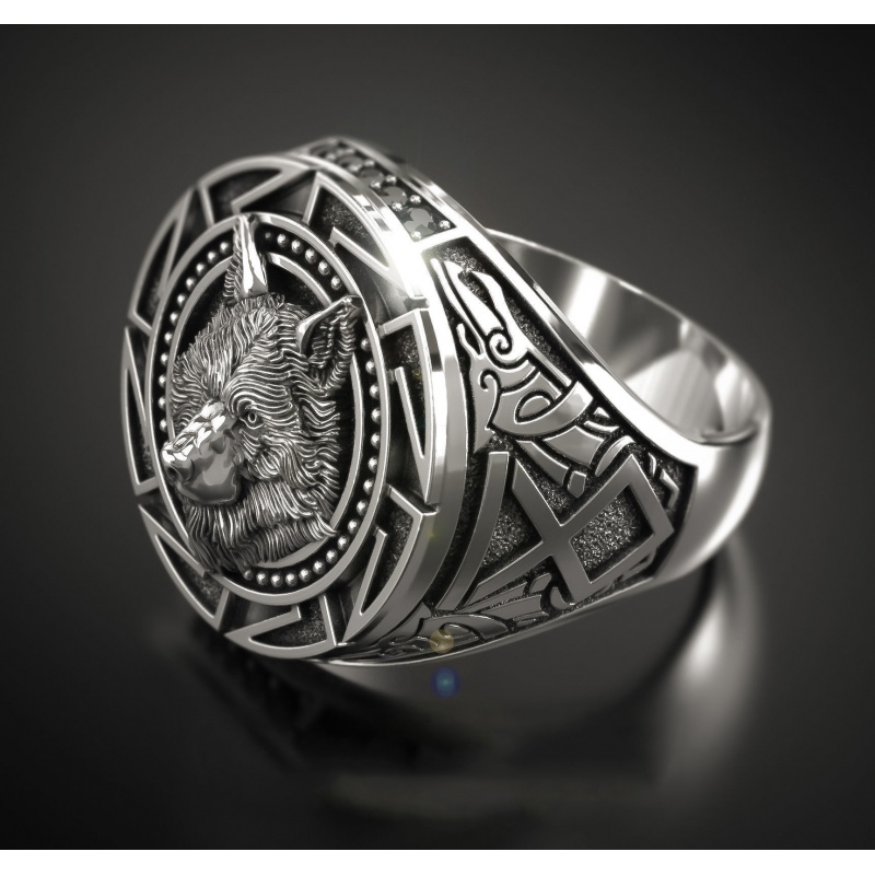 复古狼图腾藏银戒指 北欧神话维京勇士狼头男士指环