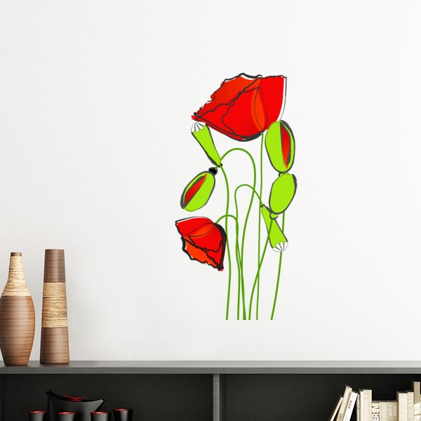 艺术抽象线条画虞美人红花绿花苞装饰墙贴壁纸房间贴花