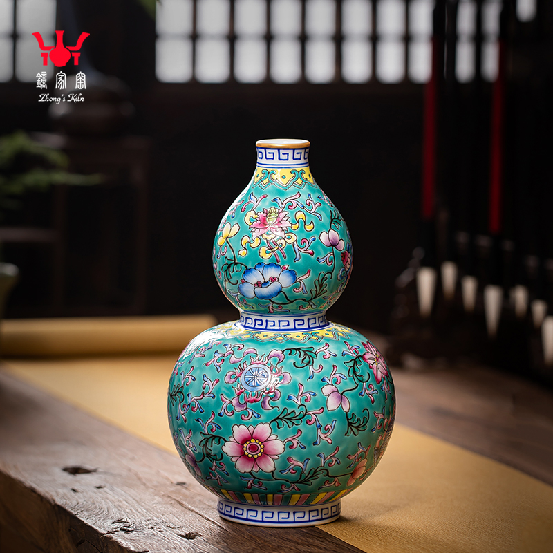 钟家窑景德镇陶瓷花瓶手绘珐琅彩葫芦瓶瓷瓶中式客厅装饰瓷器摆件
