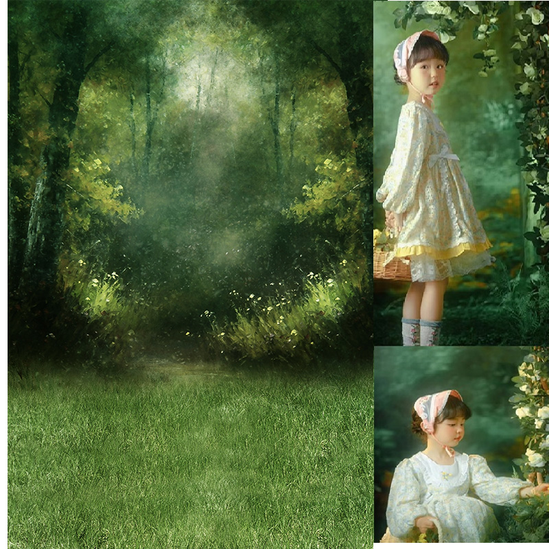 儿童采蘑菇的小姑娘森林油画背景布纪念照油画背景布室内影楼摄影艺术写真纪念照拍照道具背景布MH-0746