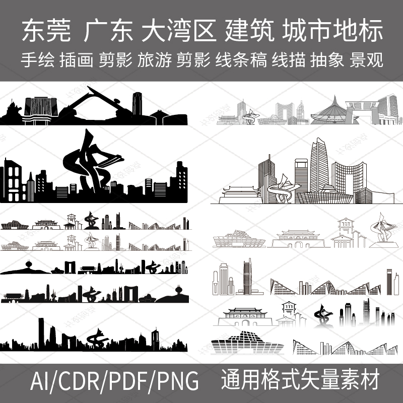 广东东莞矢量AI手绘城市天际线建筑地标线稿线描白描海报插画素材