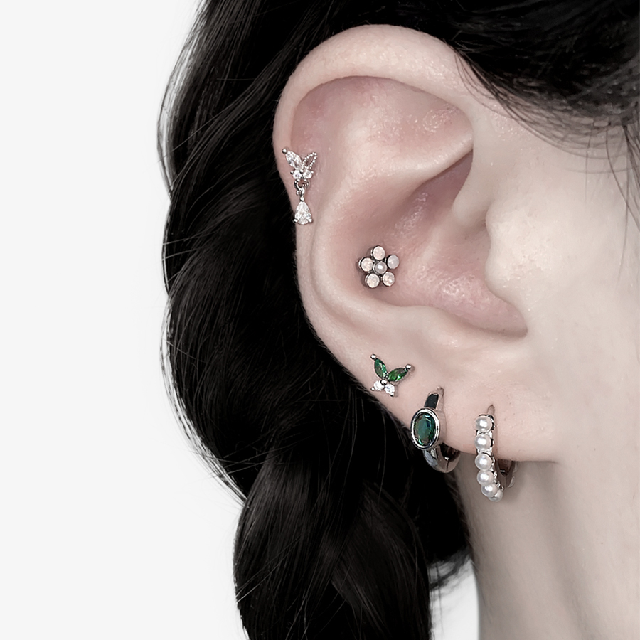 二十二丁目 珍珠小花朵耳钉复古墨绿色锆石耳扣甜美蝴蝶耳圈耳环