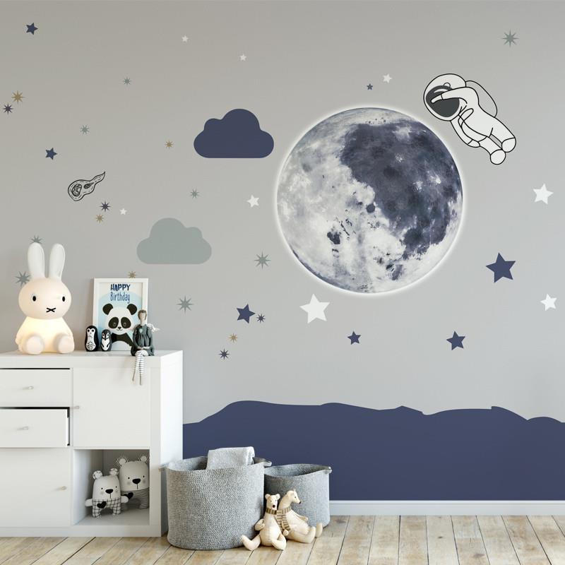 北欧月球男孩儿童房背景墙布壁布卡通太空宇航员灰色无缝壁画壁纸