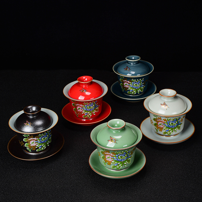 三才盖碗五大名窑茶杯陶瓷功夫茶具汝窑霁红描金茶盖碗单个敬茶碗