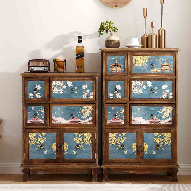 中式田园复古床头柜简易储物柜经济型靠墙斗柜多层带门边柜实木