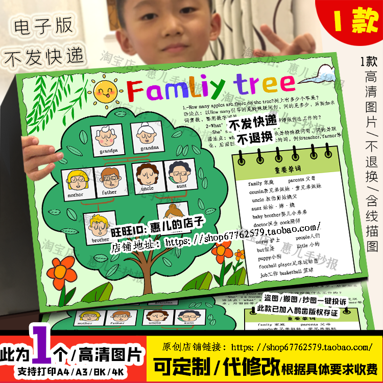 family tree英语手抄报我的家谱家庭树三年级英文电子小报儿童画