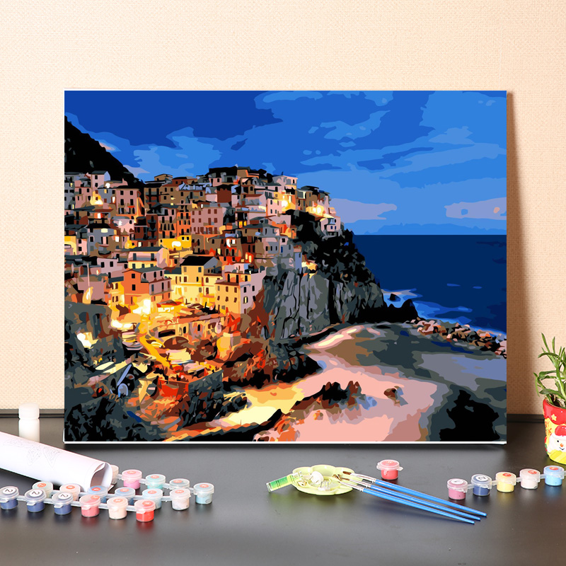 数字油画diy填充地中海街景夜景手工填色画画欧洲建筑丙烯油彩画