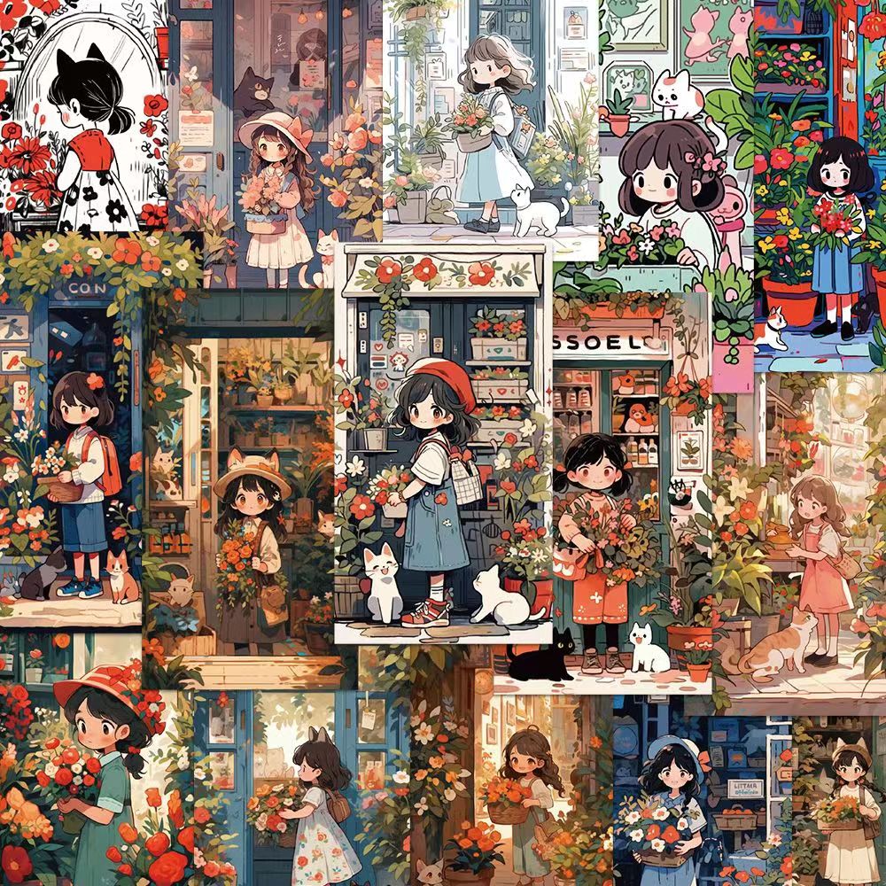 50张花店中的小女孩与猫咪贴纸卡通可爱手机壳笔记本装饰防水贴画
