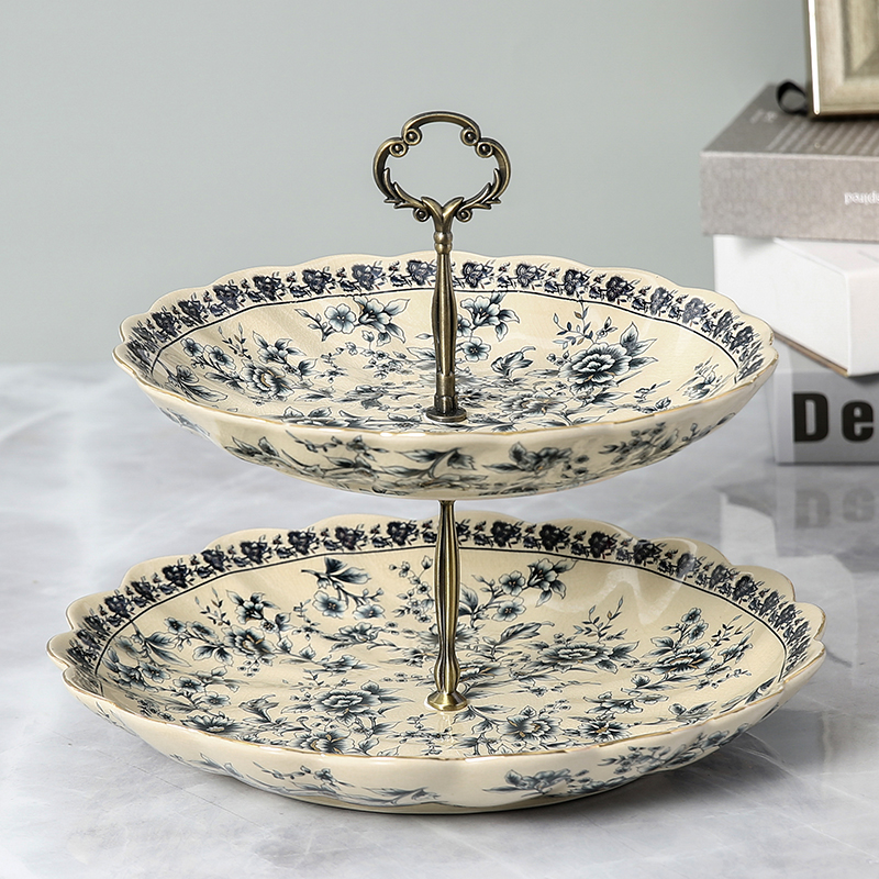 欧式创意陶瓷双层水果盘 现代简约新中式美式两层零食糖果 蛋糕盘