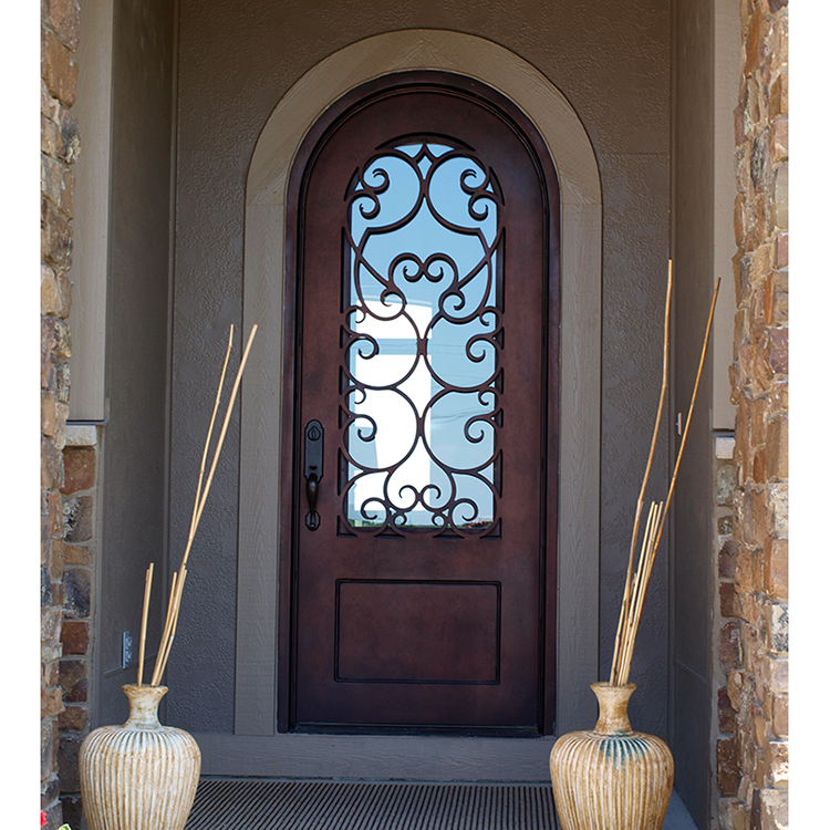 厂家直销别墅家用入户欧式风格单开弧形铁艺玻璃艺术门黑色防盗门