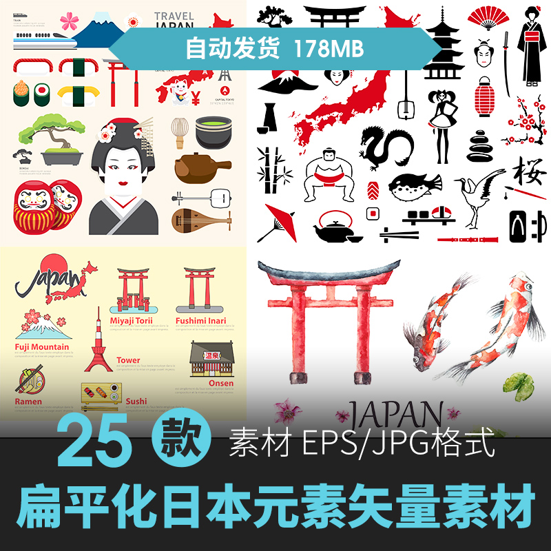 日式传统旅游元素日本风景文化景点美食图标地标ai矢量设计素材图