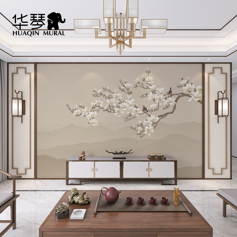 新中式一枝独秀玉兰花鸟电视背景墙壁纸客厅卧室餐厅墙纸墙布壁画