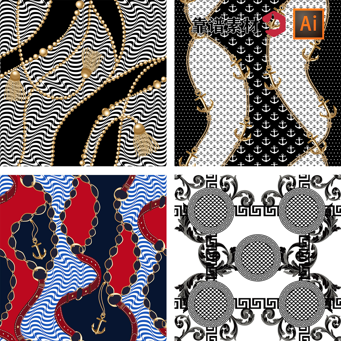 正方形金色锁链欧式奢华花纹方巾图案AI平面设计素材