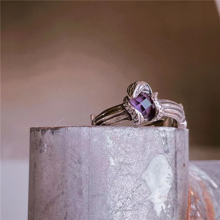 莲鱼山 古罗马时期多立克柱风格蟒蛇造型天然紫水晶可调925银戒指