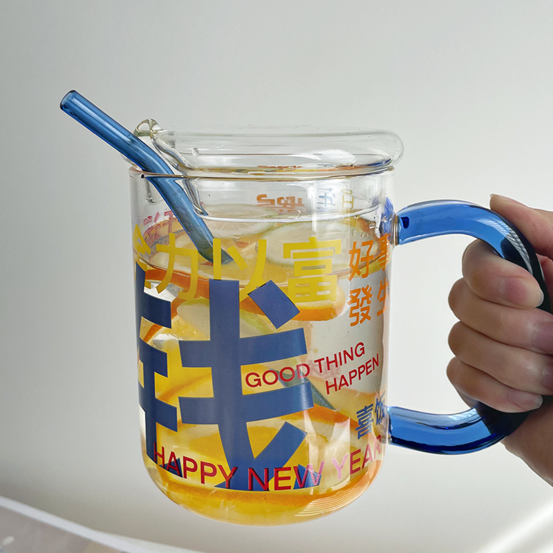 杯子创意文字彩色把手玻璃杯家用高硼硅ins泡茶吸管杯子办公水杯