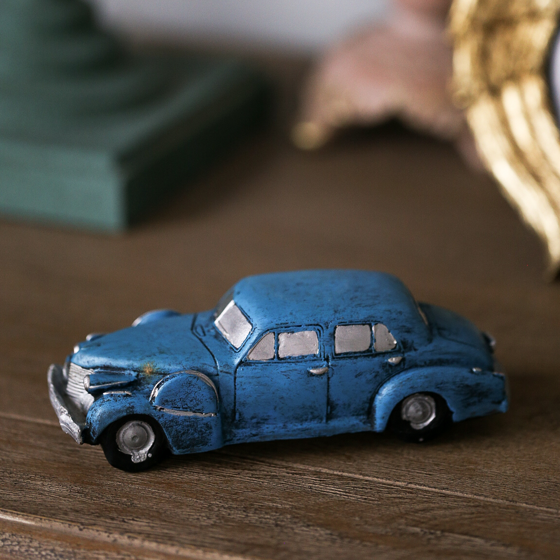 80年代怀旧风 杂货复古做旧老货古董小汽车树脂摆件 蓝色老爷车